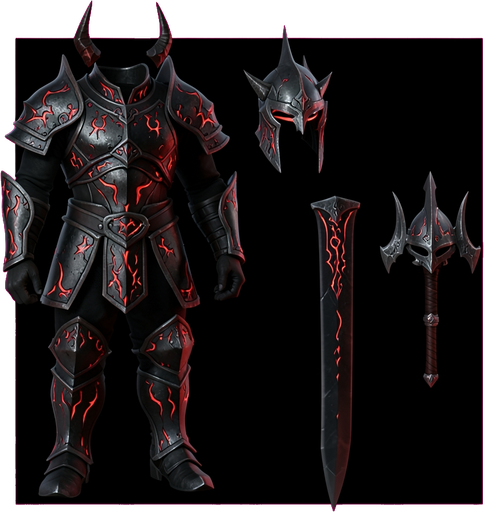 Blackened plate armor with crimson engravings and two-handed sword