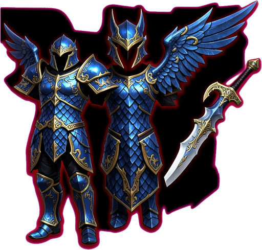 Blue scale armor set with golden trim and winged helmet