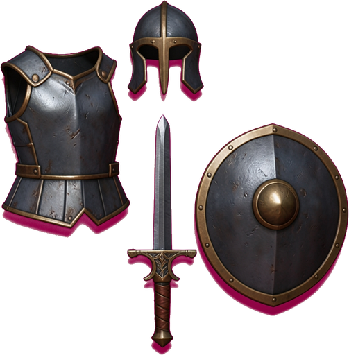 Starter armor set — iron lamellar chest, helmet, sword and shield